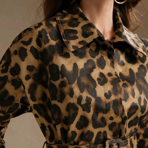 Retro European & American Leopard Print LongSleeve Slim Fit Windbreaker Overcoat - Picture 4 of 4